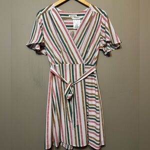 MONTEAU NWT Multicolor Striped Belted Flutter Sleeve Dress